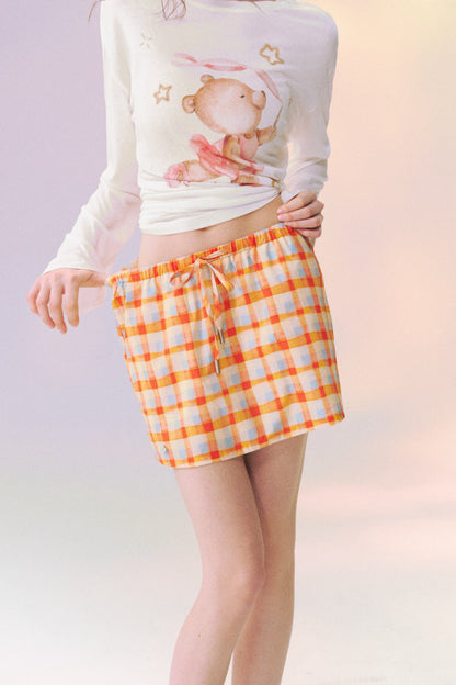 Plaid Drawstring Mini Skirt