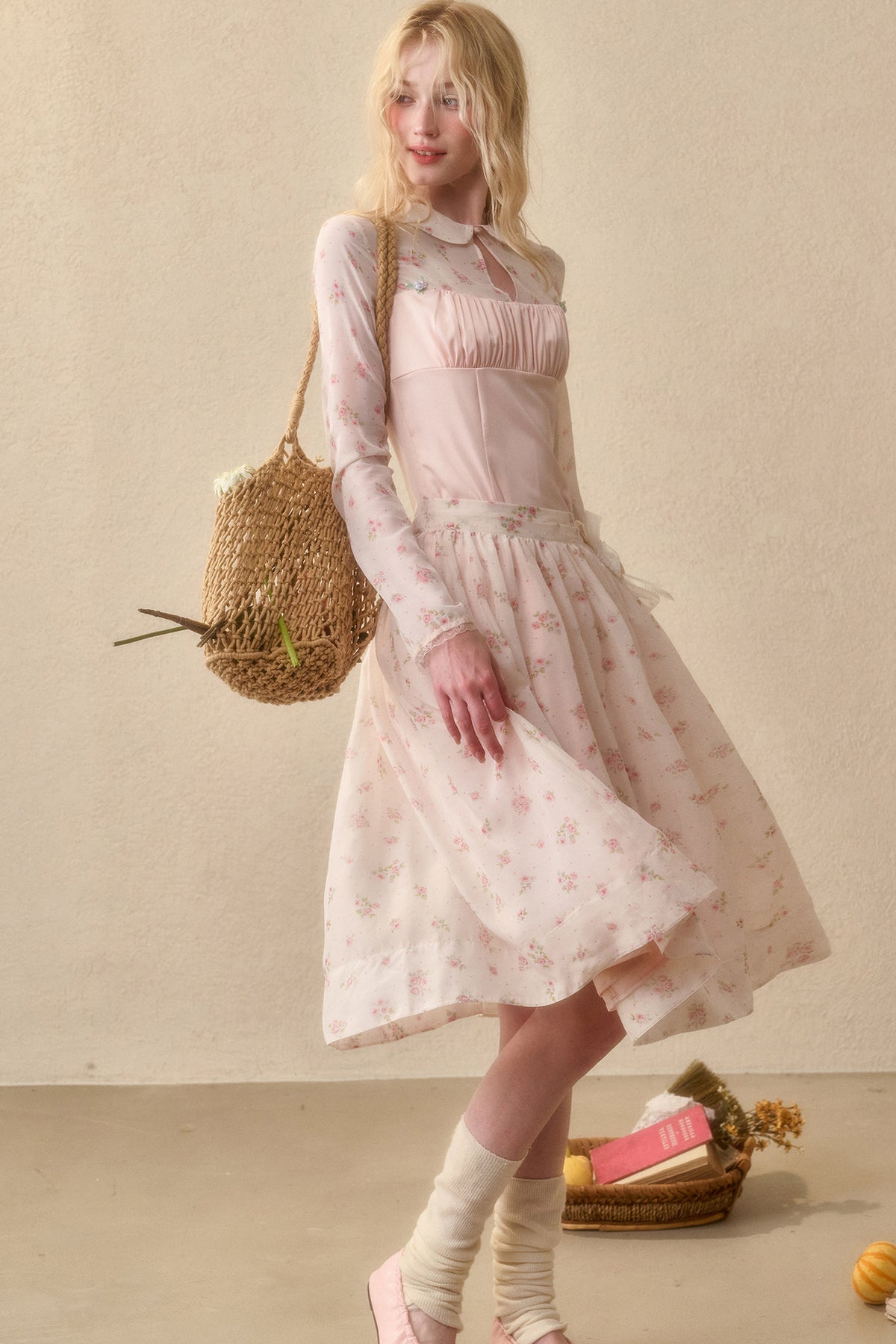 Peach Floral Satin Tencel Dress With Skirt Set-Up