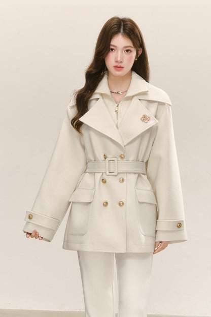 Double-Layer Lapel Tie-Waist Cotton Coat