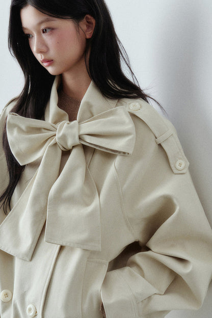 Bow Tie Low-Waist Cotton Trench Coat