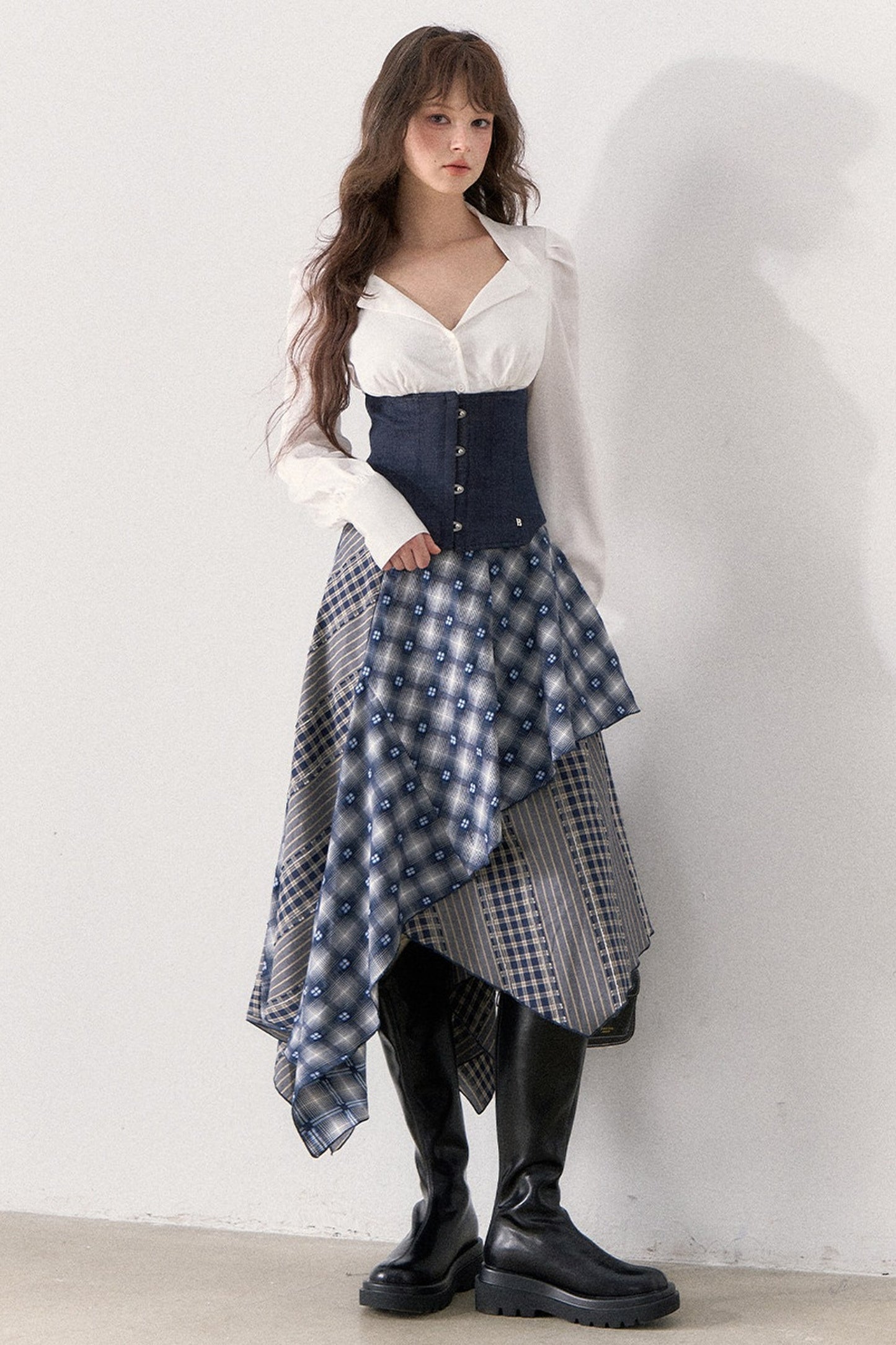 White Shirt and Denim Waistband Asymmetrical Plaid Skirt Set-Up