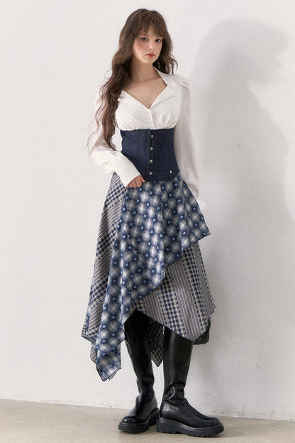 White Shirt and Denim Waistband Asymmetrical Plaid Skirt Set-Up