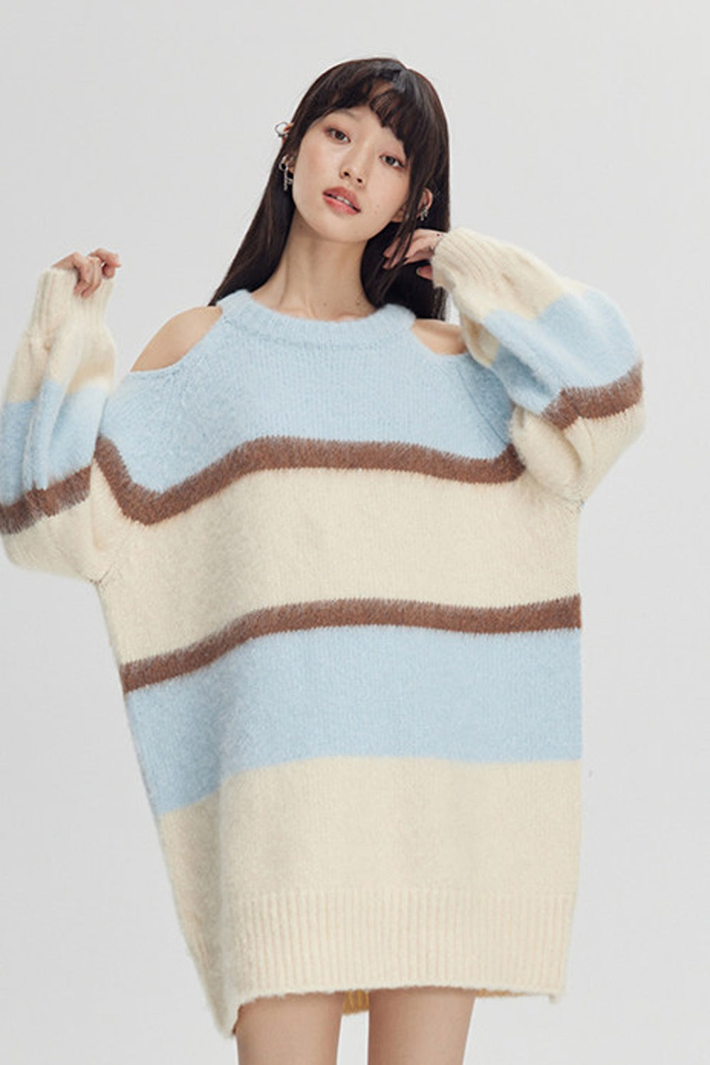 Off-Shoulder Striped Knit Sweater