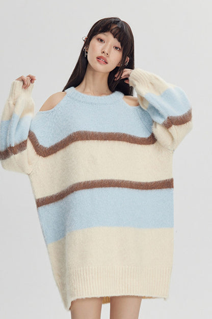 Off-Shoulder Striped Knit Sweater
