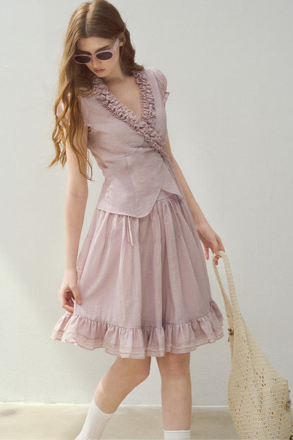Ruffle Wrap Top and Tiered Skirt Set
