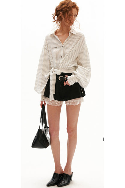 Vertical Striped Tie-Waist Lantern Sleeve Shirt