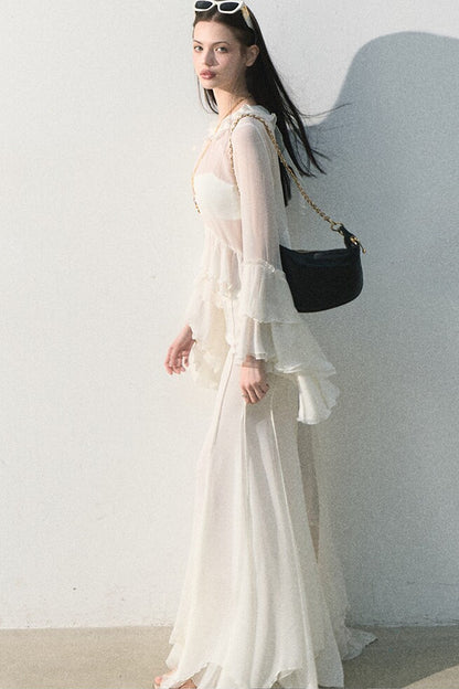 Ruffled Sheer Top And Skirt Set-Up