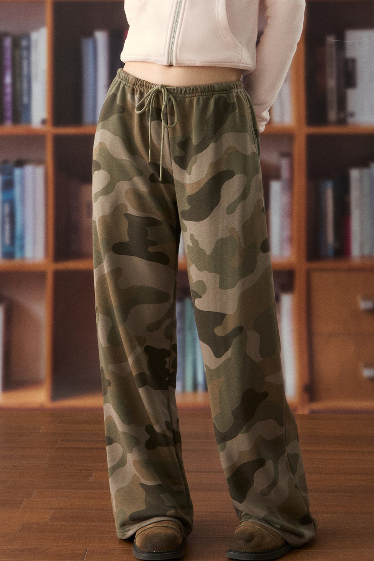 High-Waist Drawstring Camo Wide-Leg Pants