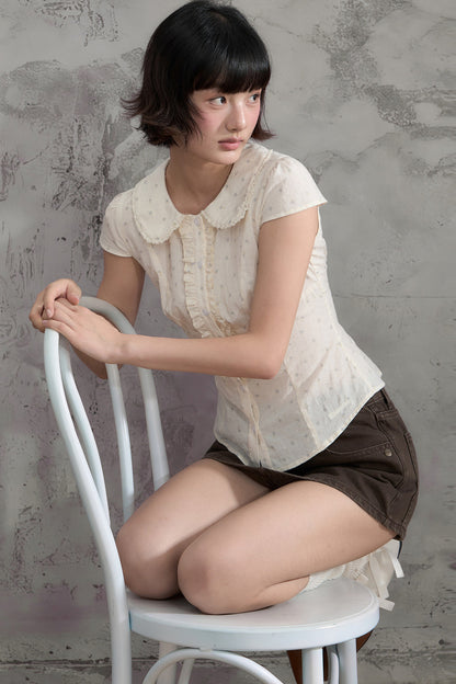Floral Ruffle Doll Collar Blouse and Skirt Set-Up
