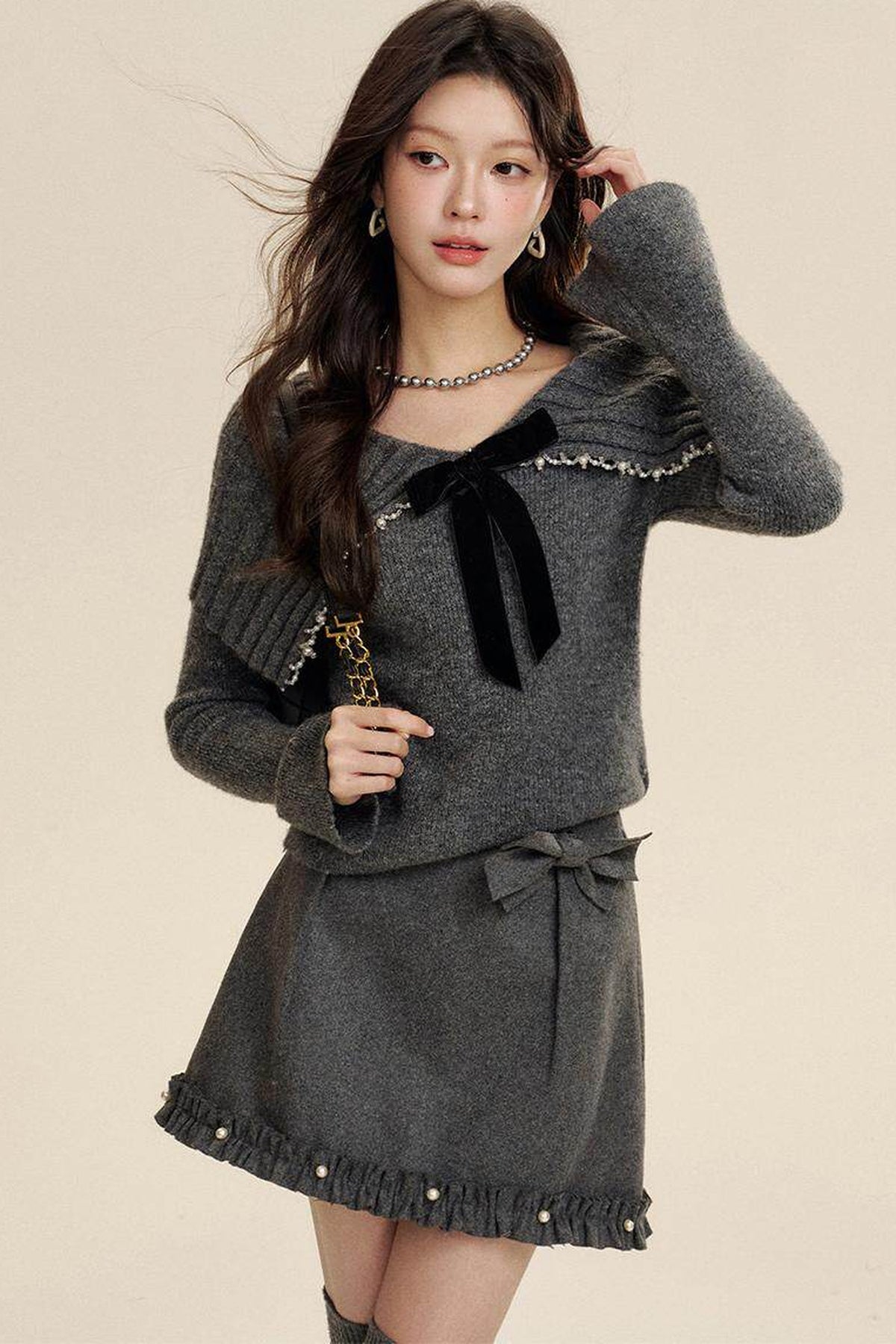 Bow-Knot Pearl Knit Sweater and Skirt Set-Up