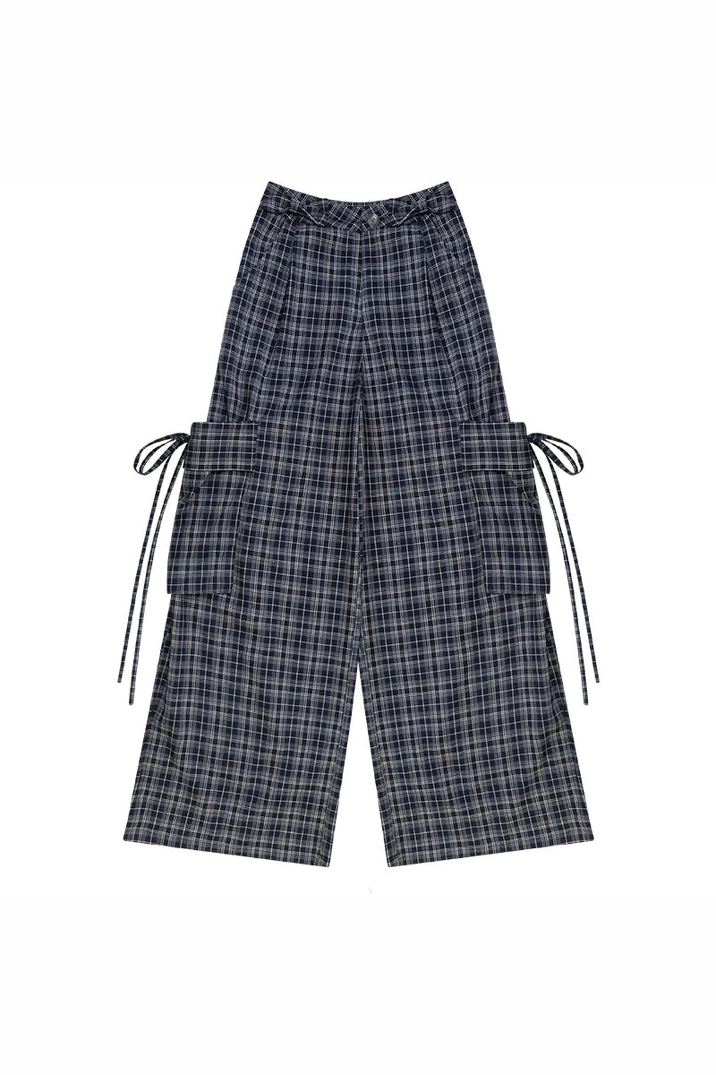Dark Blue Plaid Wide-Leg Pants