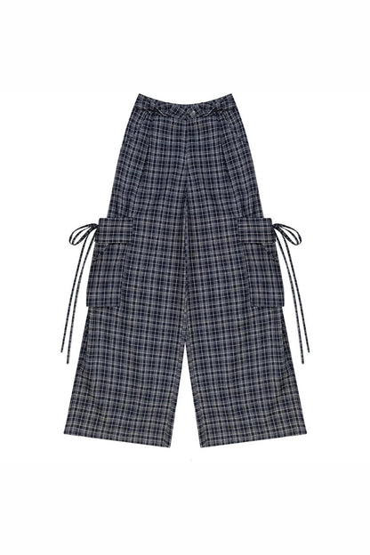 Dark Blue Plaid Wide-Leg Pants