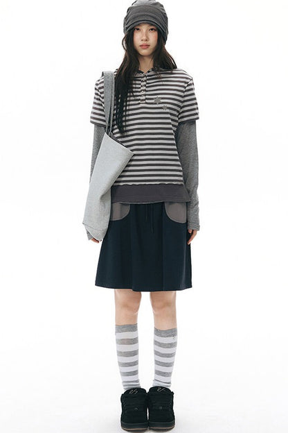 Striped Hooded Knit Short-Sleeve Top