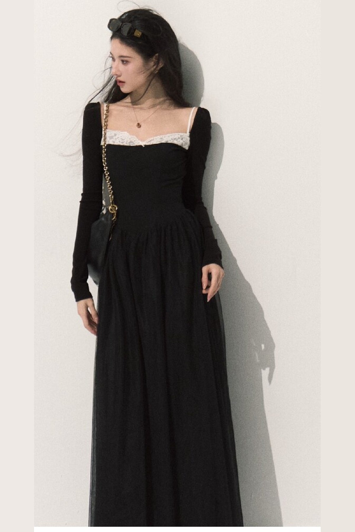 Lace-Trimmed Black Knit Dress