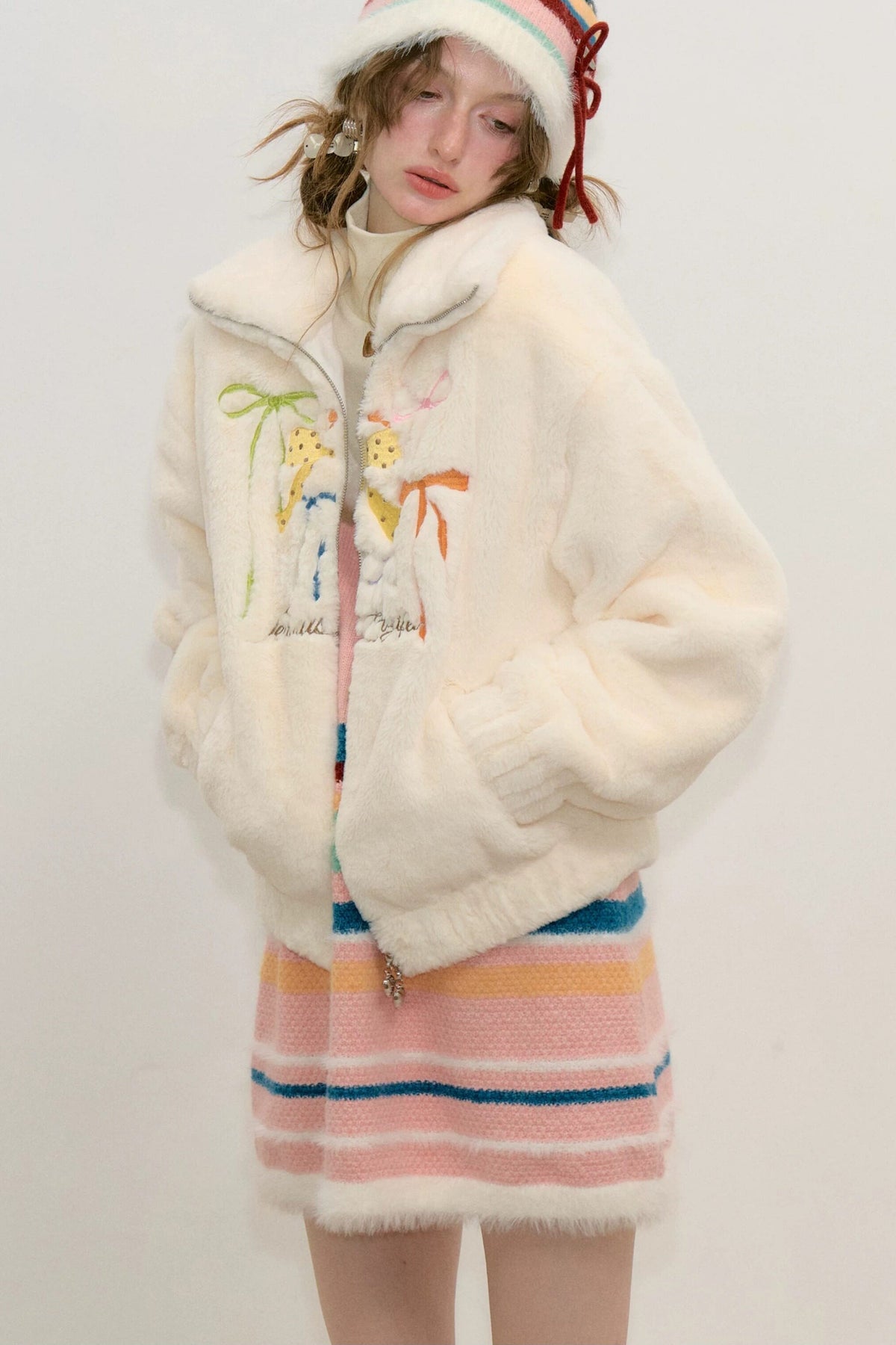 Butterfly Embroidery Lamb Wool Jacket