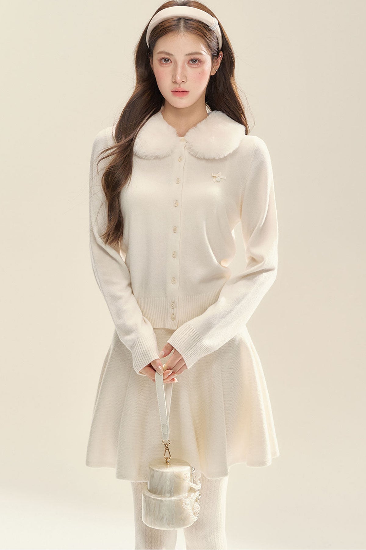 Milk White Cardigan and Skirt Set-Up