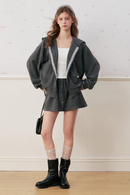 Lace Trim Hoodie And A-Line Skirt Set-Up