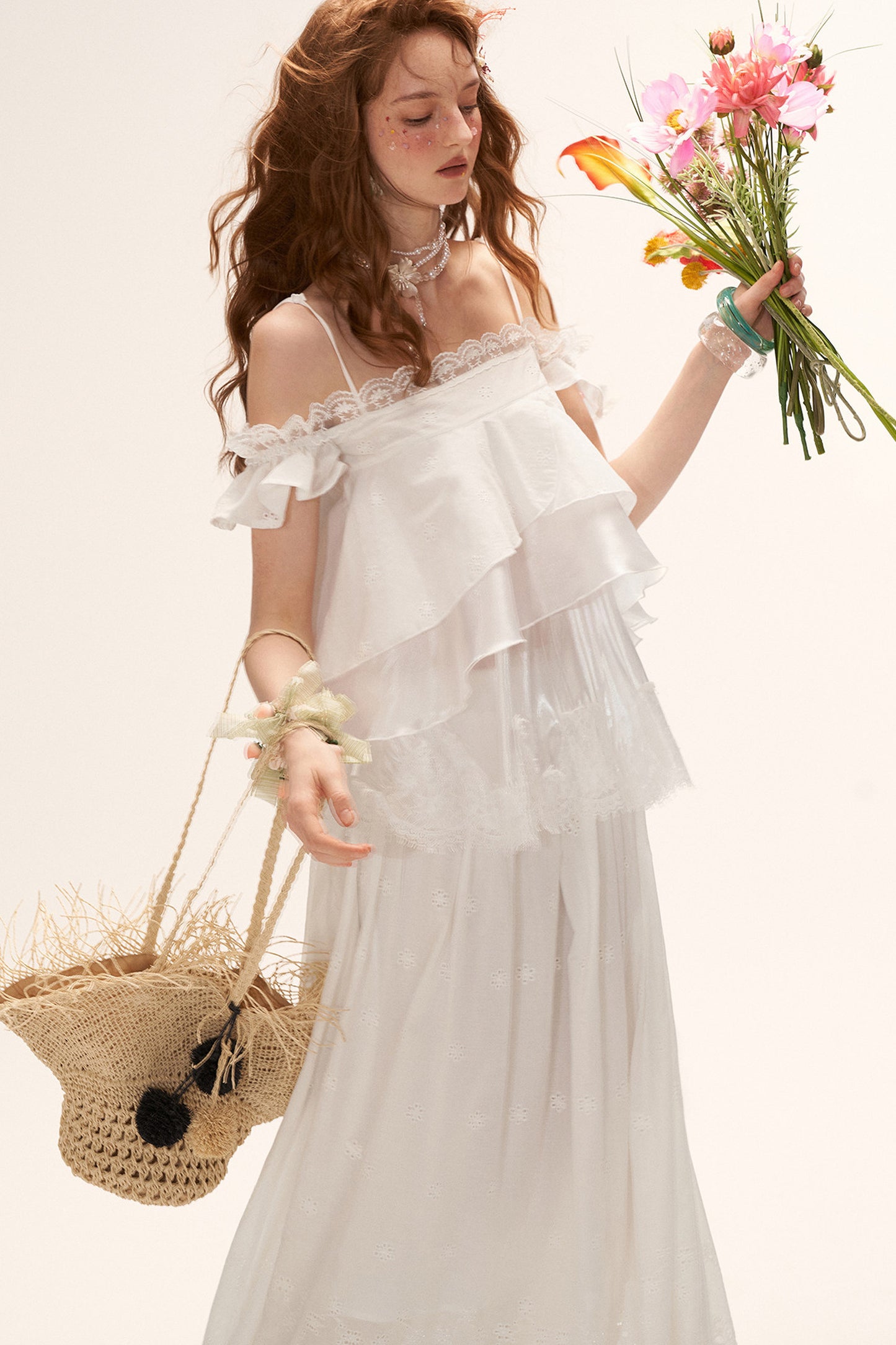 White Lace Ruffled Dress Set