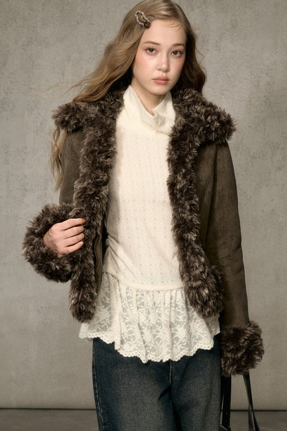Faux Suede Short Fuzzy Collar Jacket