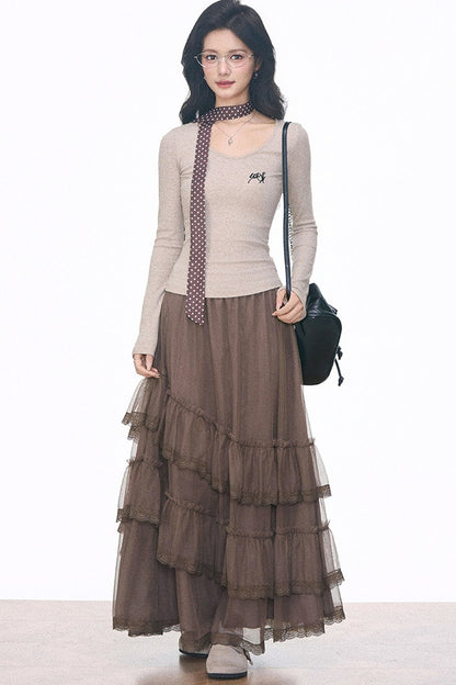 Woolen Blazer and Mesh Skirt Set-Up