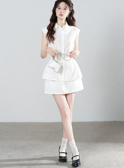 Pleated Shirt and Mini Skirt Set-Up