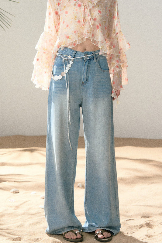 Pantalon en denim bleu clair à jambes larges