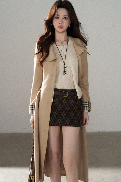 Long Sleeve Single-Breasted Trench Coat, Top and Skirt