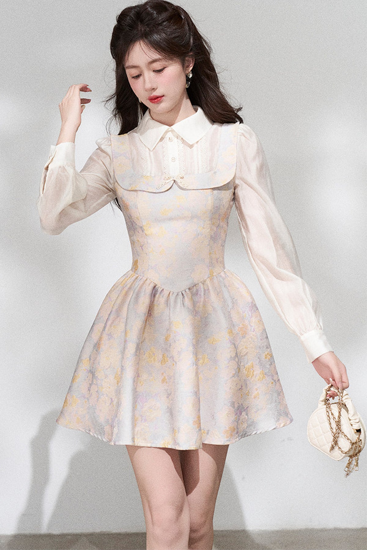 Layered-Look Long-Sleeve Jacquard Dress