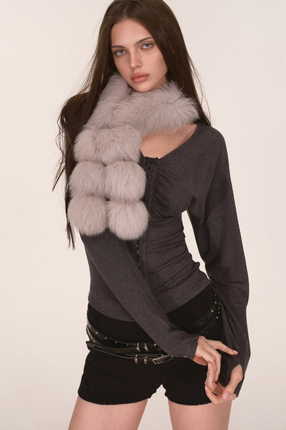 Fox Fur Tassel Pom Pom Scarf