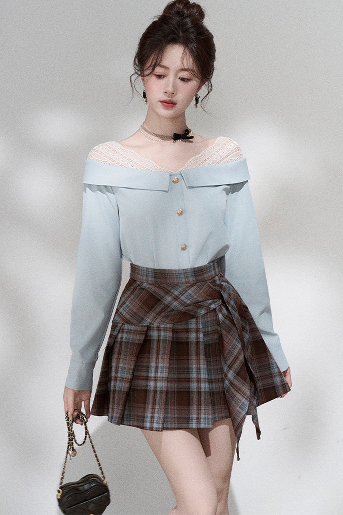Blue Off-Shoulder Lace Blouse and Skirt Set-Up