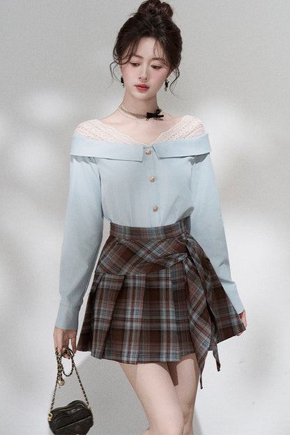 Blue Off-Shoulder Lace Blouse and Skirt Set-Up