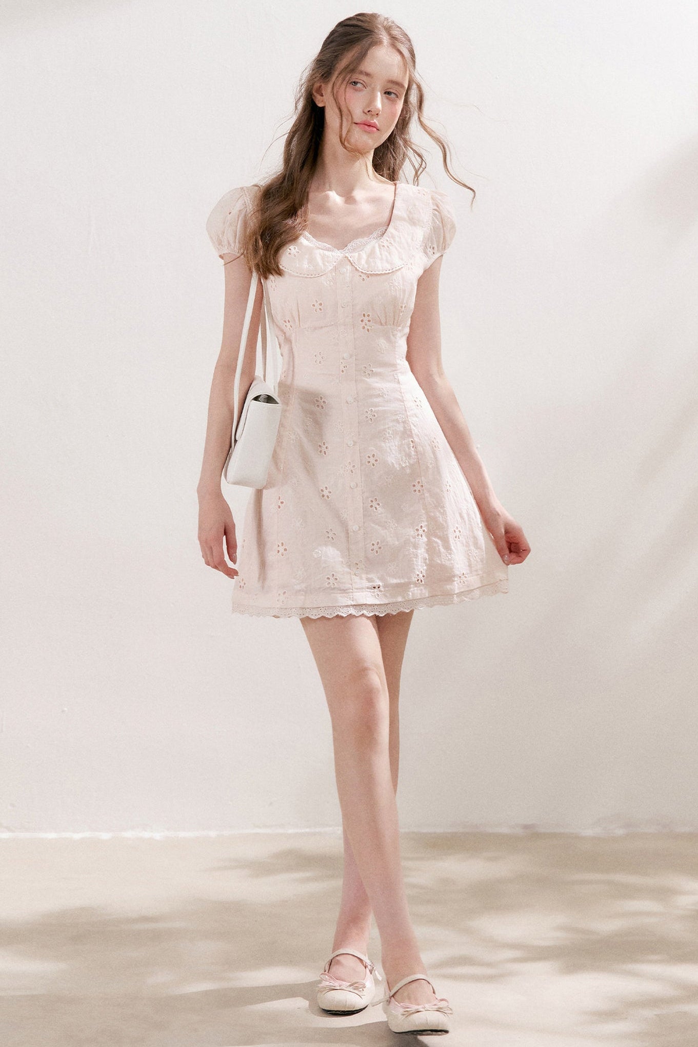 Five-Petal Flower Embroidered Cotton Doll Collar Dress
