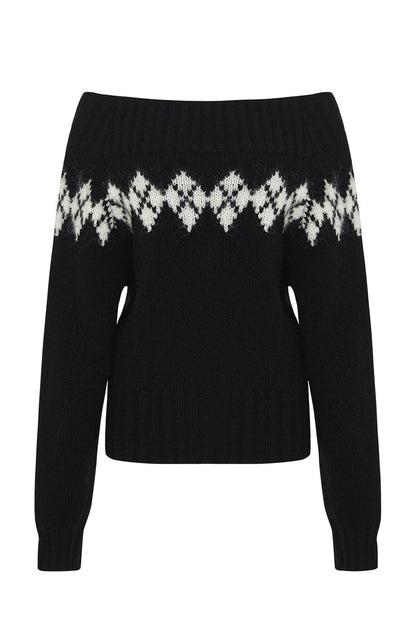 Off-Shoulder Diamond Sweater and Skirt Pullover Set-Up