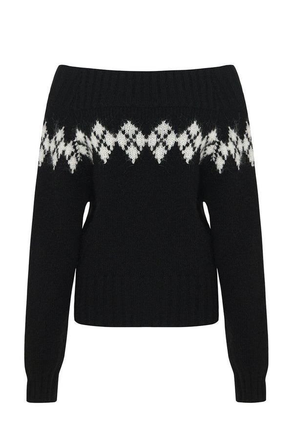 Off-Shoulder Diamond Sweater and Skirt Pullover Set-Up