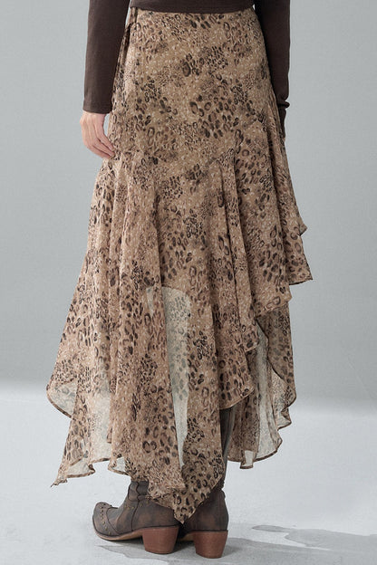 Asymmetrical Leopard Print Chiffon Skirt