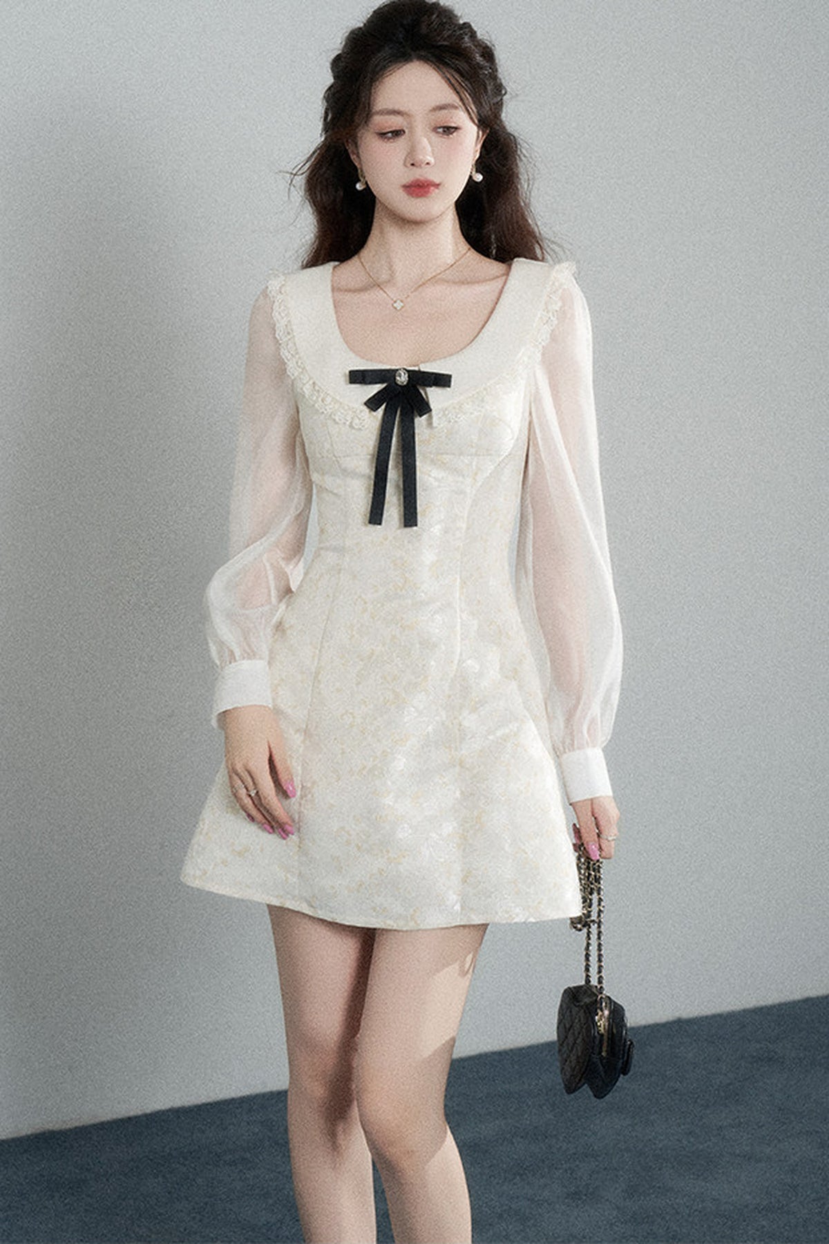 Waist-Cinching A-Line Jacquard Long-Sleeve Dress