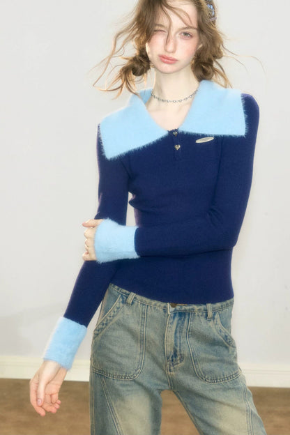 Color-Blocked Polo Collar Knit Sweater