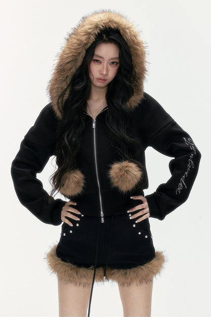 Studded Embroidered Detachable Fur Collar Sweatshirt And Shorts Set-Up