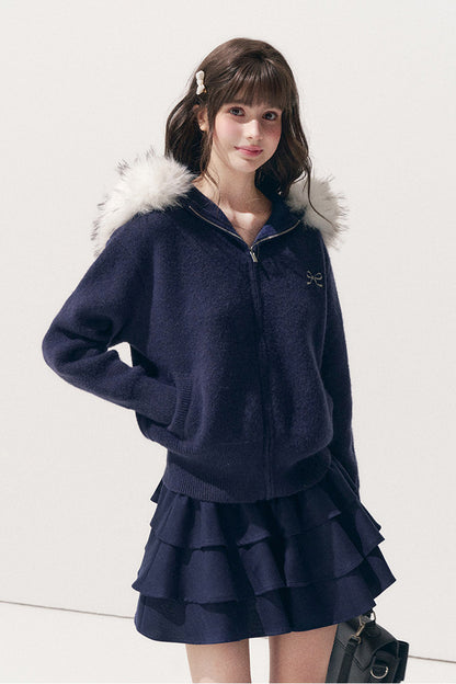 Embroidered Hooded Fur Collar Cardigan