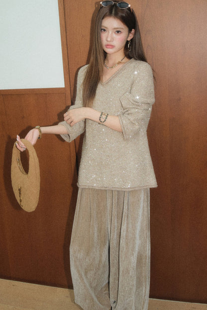 Shimmering Oat Camel Knit Top and Shorts Set-Up