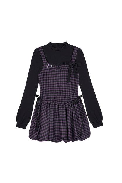 Layered-Look Plaid Long Sleeve Dress