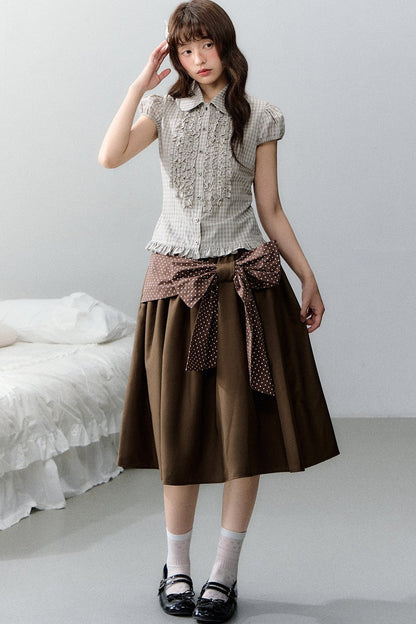 Plaid Short Sleeve Doll Collar Blouse