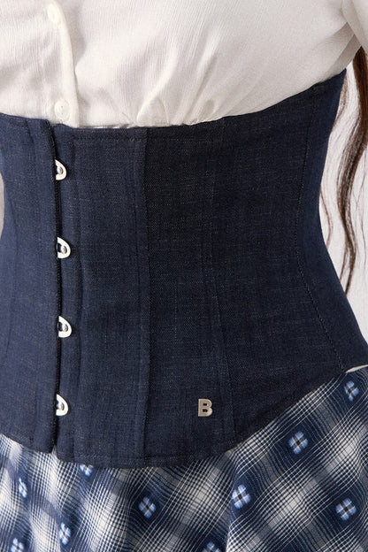 White Shirt and Denim Waistband Asymmetrical Plaid Skirt Set-Up