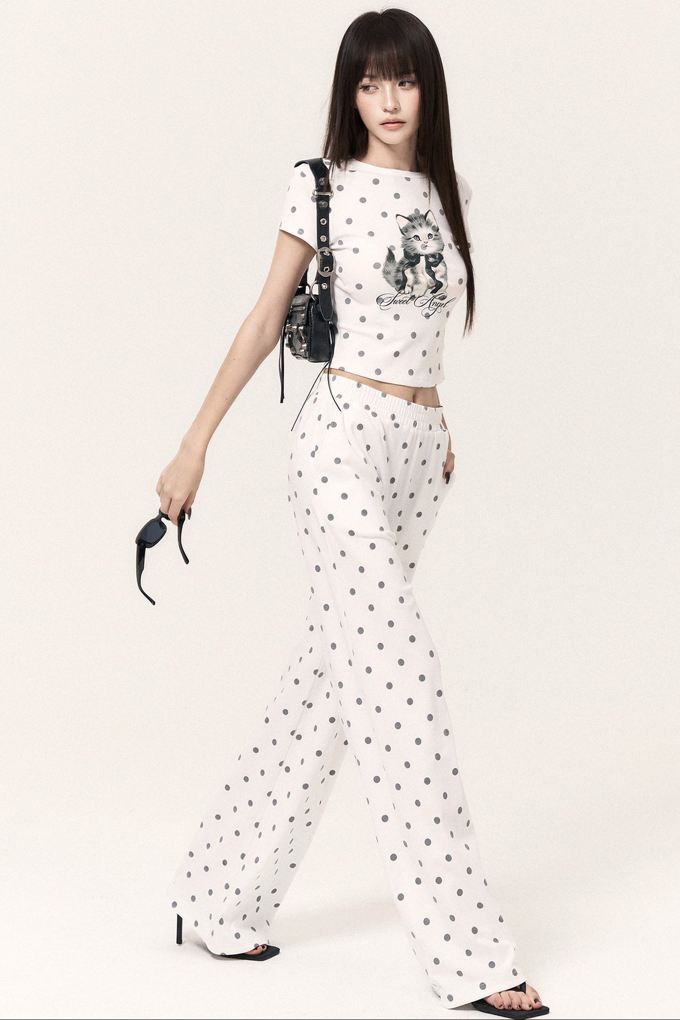 Cat Print Polka Dot Top Pants and Skirt Set-Up