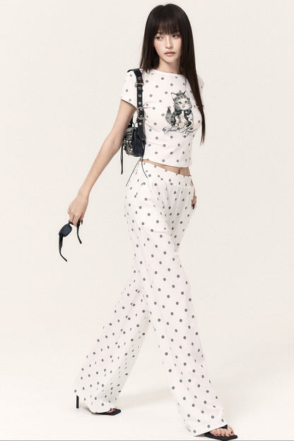 Cat Print Polka Dot Top Pants and Skirt Set-Up