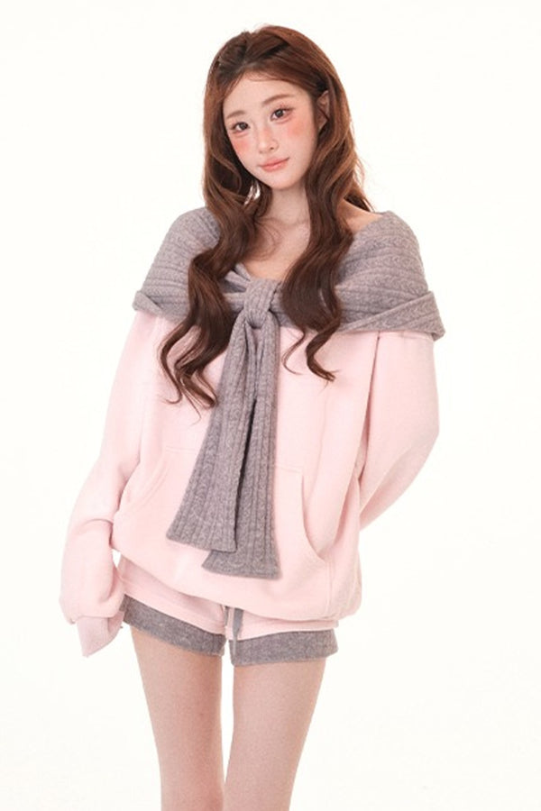 Loose Hooded Sweatshirt and Shorts Set-Up