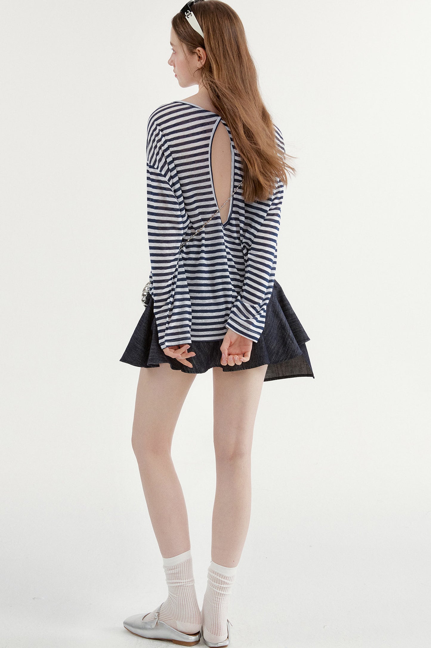 Navy Striped Long-Sleeve Top and A-Line Denim Skirt Set
