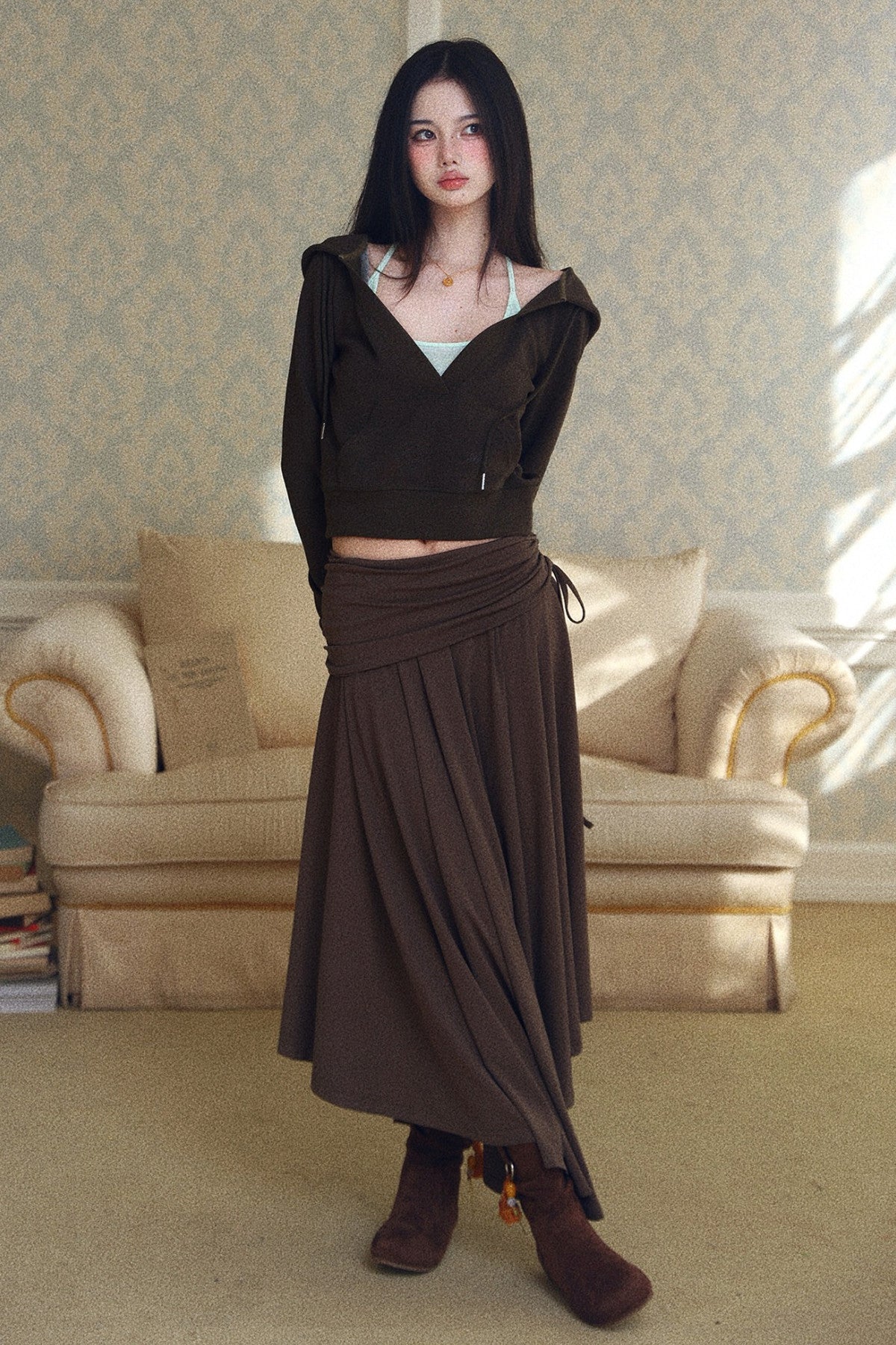 Asymmetrical Folded Waist Flared Half Skirt