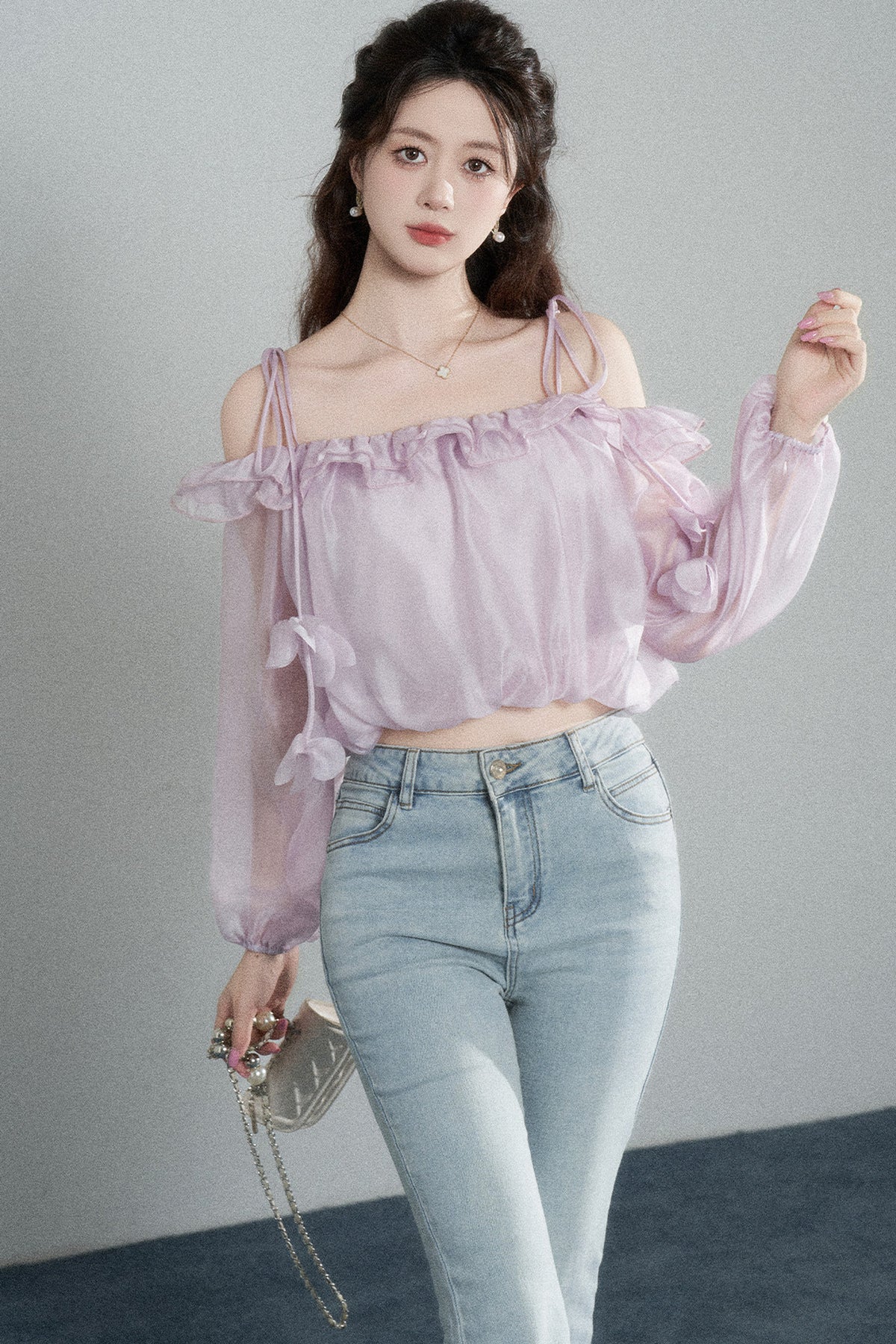 Ruffled One-Shoulder Chiffon Blouse