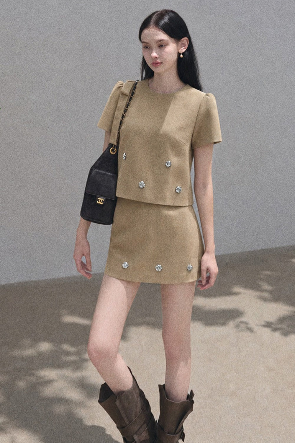Short-Sleeved Ribbon Top and High-Waisted A-Line Skirt Set